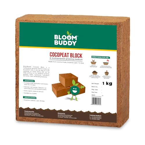 Bloom Buddy Cocopeat (1 Kg Block, Expands to 28 litres or 3.5 Kgs Loose Cocopeat) Natural Coconut Fiber, Organic Growing Medium for Home Gardens, Indoor Plants, and Soil Conditioner