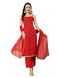FIORRA Women's Red Crepe Kurta and Palazzo Set with Matching Dupatta, Red, Small