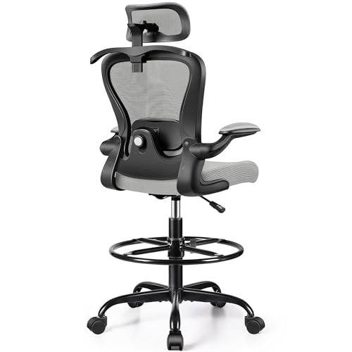 Drafting Chair, Tall Office Chair with 3D Lumbar & Head Support, Ergonomic Mesh Standing Desk Chair with Footring, Comfy Extended High Desk Chair with Flip-Up Arms & Hanger