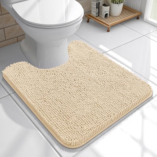 OLANLY Toilet Rugs U-Shaped 20x20, Extra Soft Absorbent Chenille Contour Bathroom Rugs for Toilet, Dry Quickly, Machine Washable, Non-Slip Bath Mat, Beige
