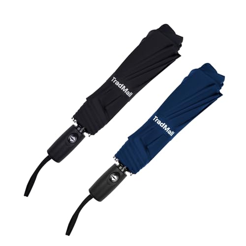 TradMall 2 Pack Travel Umbrella, Double Vented Canopy Windproof Automatic Strong Compact Folding Umbrellas for Rain Women and Men, Black & Navy Blue