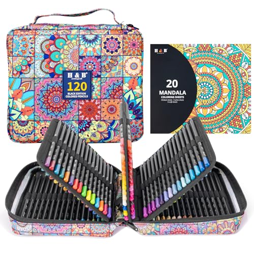 H & B H&B120-Color Colored Pencils Set with Coloring Book, Eraser, and Sharpener - Perfect for Drawing and Coloring - Soft Oil-Based Cores Ideal