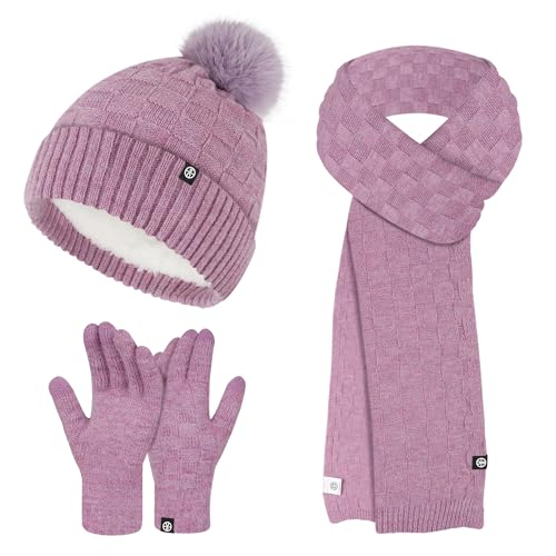 Womens Winter Beanie Hat Scarf Gloves Set, Knit Touch Screen Gloves Long Scarf Skull Caps Fleece Lined Winter Gift