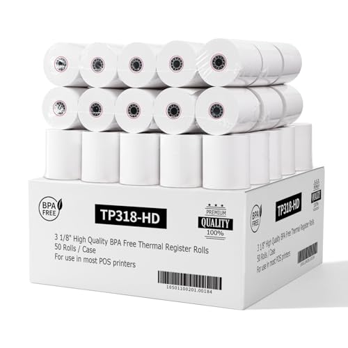 3 1/8 x 230 Thermal Paper Receipt Rolls (50 Pack) 55 GSM Premium Quality, BPA Free Receipt Paper Compatible with Most POS Systems, Cash Registers, Thermal Receipt Rolls