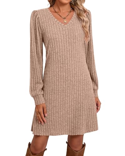 Ficerd Women's Knit Long Sleeve Sweater Dress Casual V Neck Tunic Dresses Fall Trendy Outfits