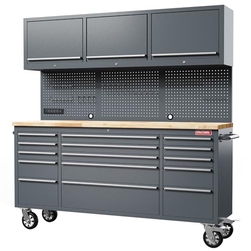 HAUTMEC 72 Inch Rolling Tool Chest Mobile Workbench, 15 Drawers, 3 Upper Cabinet, Assemble Large Tool Box, Storage Cabinet with Wheels, 4 Outlets and 2 USB Ports, Capacity Up to 1600 lbs, HT0428