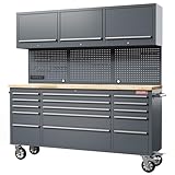 HAUTMEC 72 Inch Rolling Tool Chest Mobile Workbench, 15 Drawers, 3 Upper Cabinet, Assemble Large Tool Box, Storage Cabinet with Wheels, 4 Outlets and 2 USB Ports, Capacity Up to 1600 lbs, HT0428