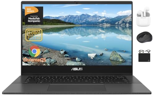 ASUS Chromebook Laptop Student Business 2024, 14" FHD Anti-Glare Display, 8-Core MediaTek Kompanio 520, 4GB RAM, 128GB (64GB eMMC+64GB Card), Webcam, WiFi, 15+ Hrs Battery, Chrome OS +HubxcelAccessory