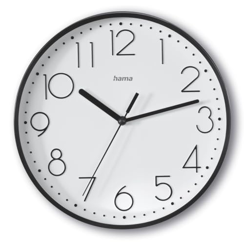 Hama Wanduhr Salina (ohne Tickgeräusche, Quarzuhr geräuscharm, Ø 22cm, große Ziffern, analoge Uhr, mit Stunden-, Minuten- und Sekundenzeiger, Glas Abdeckung, inkl. Batterie) schwarz