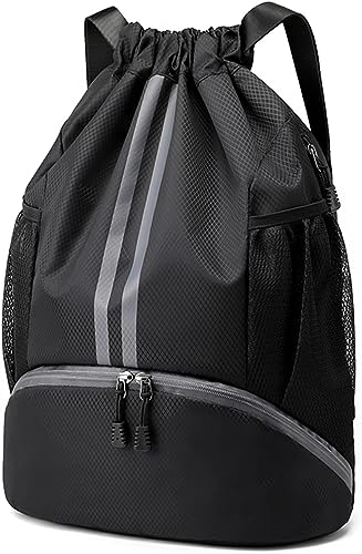 Leosportz Sports Drawstring Bag Backpack for Men Women - Basketball Bag Gym Backpack Dedicated Shoe Compartment | Waterproof Large Space Gym Bag, Black, 22 liter, Drawstring