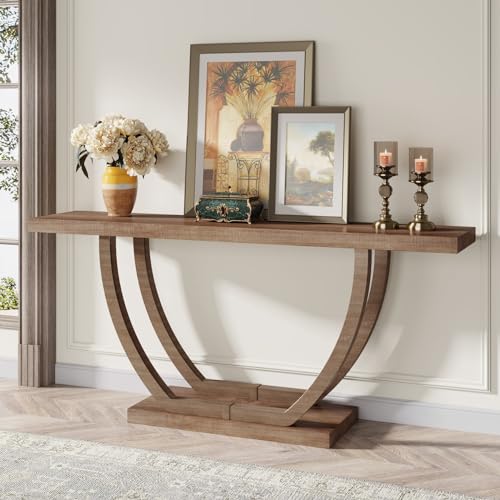 Tribesigns 63-Inch Wood Console Table with Geometric Base, 2-Tier Farmhouse Sofa Table Narrow Long, Thickened Behind Couch Table with Shelves for Living Room Foyer Corridor