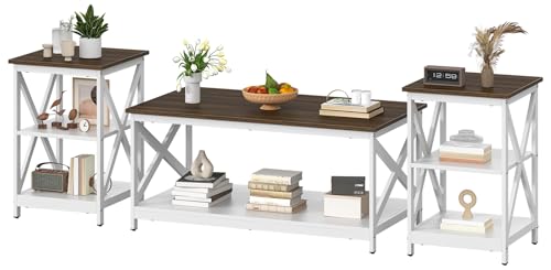 Bigbiglife Living Room Coffee Table Set of 3, Industrial X-Design Coffee Table and 2 End Side Tables, 3 Piece Living Room Table Set with Large Storage for Apartment Home