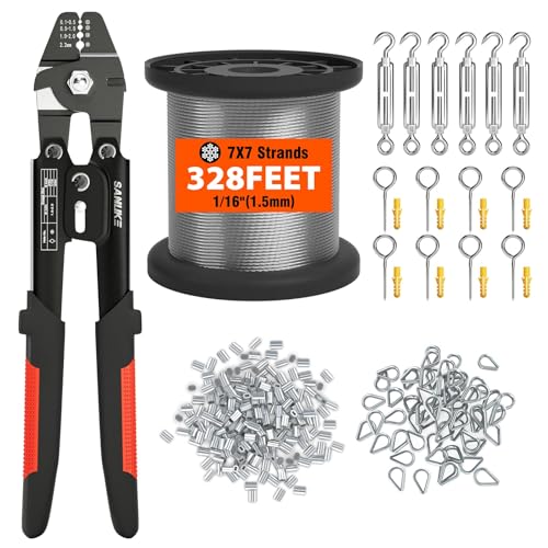 Sanuke Wire Rope Crimping Tool for Aluminum Crimping Loop Sleeves, Swager Tool for 3/64 1/16 5/64 inch Stainless Steel Cable Crimper, with Thimbles, Sleeves, Steel Cable