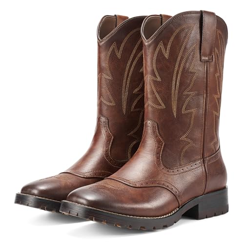 Rollda Cowboy Boots for Men Western Boots Men's Square Toe Chunky Heel Mid-Calf Boots Classic Embroidered Pull On Tabs