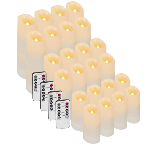 Enido 24 Pc Flameless LED Candles with Remote & Timer, Outdoor Waterproof, Flickering Electric Warm Lights for Cozy Home & Holiday Romantic Decor, Battery Operated (D 2.2” x H 4”/5”/6”