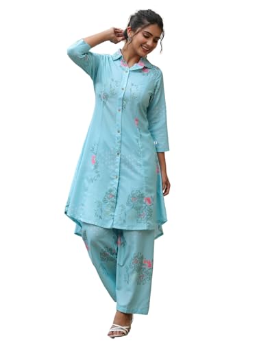 Leriya Fashion Women's Rayon Printed Regular Kurta Set (LF-W2091&TR1051_Blue_2XL)
