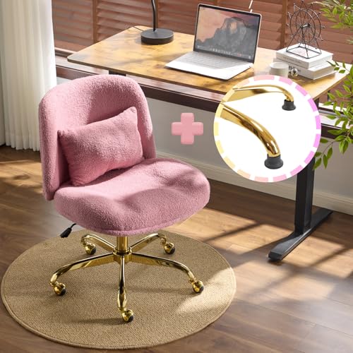 VINGLI Wide Criss Cross Legged Office Chair,Buttprint Ergonomic Desk Chair Comfy with Pillow&Gold Base,Dual-Use with/no Wheels,Adjustable Vanity Swivel Chair for Bedroom,Home Office,Teddy Fleece