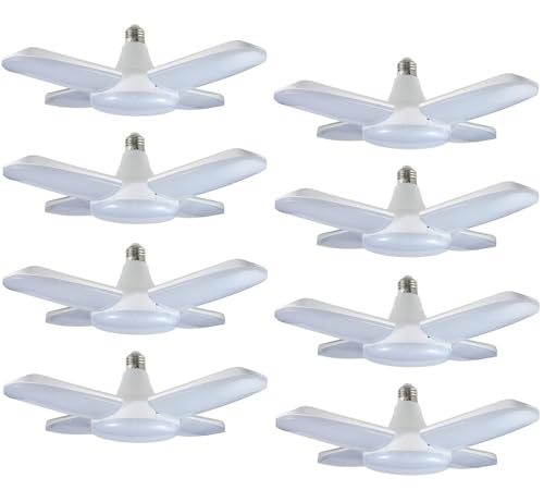 MACGO LED Garage Lights, 60W Trilights Ceiling, High Low Bay Deformable Adjustable 4 Led Light Bulbs 6000LM 6000K, Screw in Tribright Garage Lighting Fixture,CRI80 Daylight