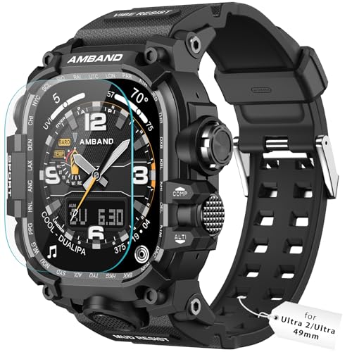 amBand Compatible with Apple Watch Ultra 2/1 Bands Case 49mm for Men, M3 Rugged Cover Military Sport Strap with Glass Screen Protector, Heavy Duty Protective Bumper for iWatch 49 mm - Matte Black