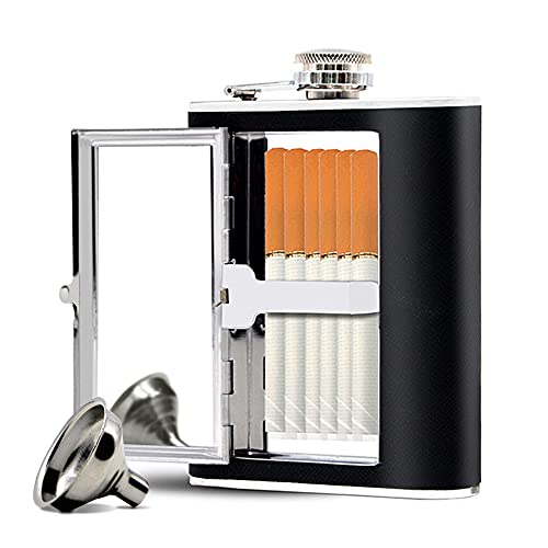 Kitwinney Stainless Steel Flask, Leak-Proof Pocket Hidden Flask with Built-in Compartment, Black Leather Wrapped Hip Flask and Mini Funnel Set for Liquor for Men and Women