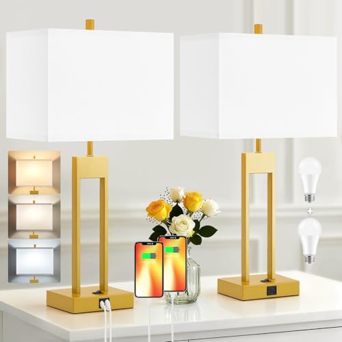 25.5’’ Nightstand Table Lamps for Bedrooms Set of 2, Bedside Lamp with USB C+A, 3 Colors Changeable Living Room Lamps for End Tables, Modern Night Stand Lamps for Bed Side Guest Room Office Reading