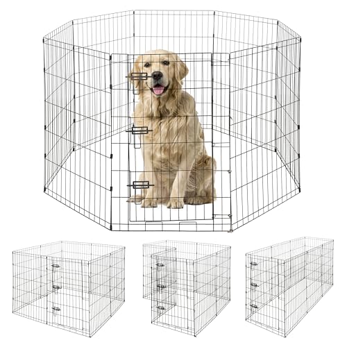 BOWHAUS Foldable Outdoor/Indoor Pet Playpen with Gate, Available in 24"/ 30"/ 36" Height Metal Portable Kennel, Heavy-Duty Exercise Fence Cage 8 Panels for Small/Medium/Large Dog, Animals