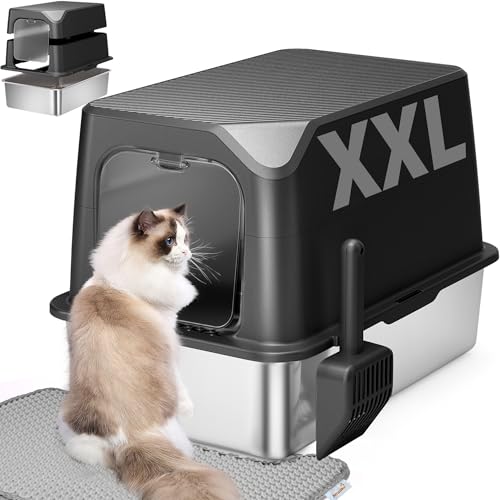 Amniau Stainless Steel Cat Litter Box with Lid, Extra Large Litter Box, Great for Large & Small Cat, Easy to Clean, Anti-Leakage, Non-Sticky, Multifunctional 2 in-1 Metal Cat Litter Box