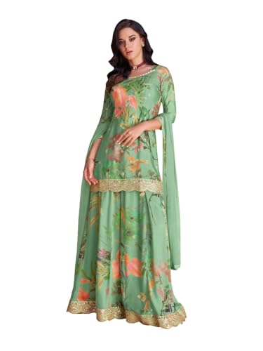 RUDRAPRAYAG Chinon Silk Floral Digital Print With Embroidery Womens Ethnic Wear Sharara Salwar Suit(Semi Stitched), Green, Free Size