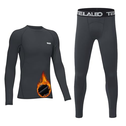 TELALEO Boys' Girls' Long Sleeve Compression Shirts Thermal Fleece Lined Kids Athletic Sports Tops Leggings Baselayer Set