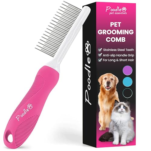 Poodle Grooming Comb & Dematting Fur Rake Comb Brush Tool - Stainless Steel Dematting Tool for Dogs & Cats with Long & Short Hair - Long 2.5" Steel Safety Blades for Detangling Undercoat Hair