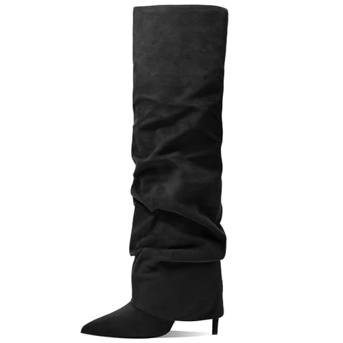 MOTIMODEN Women's Knee High Boots Fold Over High Heel Pointed Toe Black White Long Boots Women Dress Tall Boots for Women