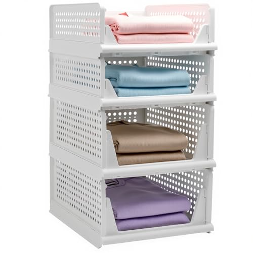 Stackable Foldable Storage Baskets, Folding Storage Bins, Closet Organizers and Plastic Drawer Shelf Storage Container for Wardrobe, Cupboard, Kitchen, Bathroom, Office
