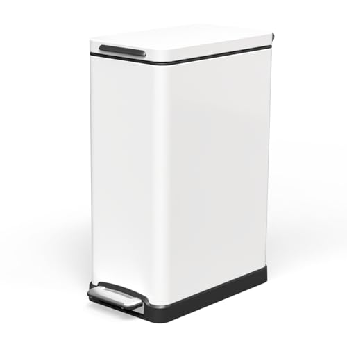 Home Zone Living 12 Gallon Slim Kitchen Trash Can with Slow Close Lid and Step Pedal, Stainless Steel, Matte White, 45 Liters