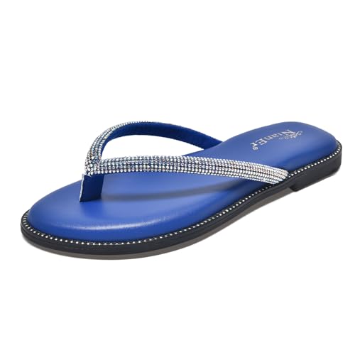 NianEr Womens Microfiber Leather Comfort Foam Rhinestone Glitter Sparkly Dress Flip Flop Sandals Summer Cute Flat Slides