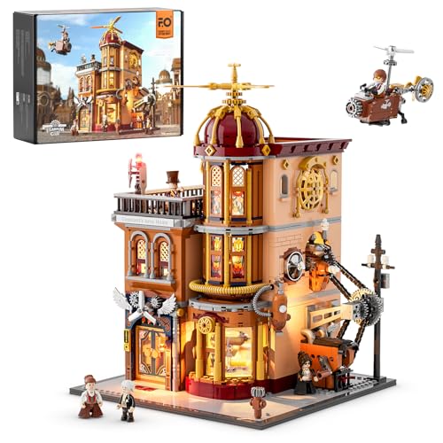 FUNWHOLE Steampunk Flying Club Lighting Building-Bricks Set - 1871 Pcs Modular Building Blocks Display Collectible Set for Adults