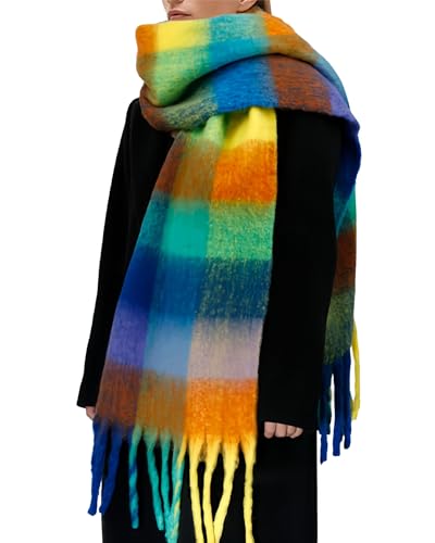 BLATIAL Womens Scarf Winter Big Colorful Checked Thick Warm Soft Scarves Casual Tassel Blanket Scarf