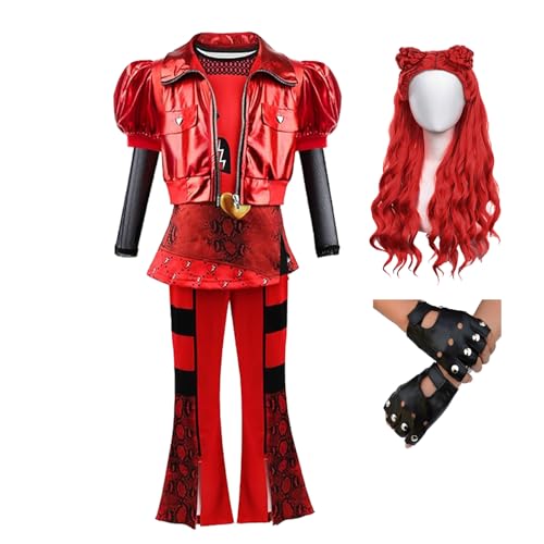D.O.T Girls Rise Red Costume Includes Red Heart Jacket Shirt Flared Pants Wig Gloves 5pcs Halloween Princess Dress up 3-14Y