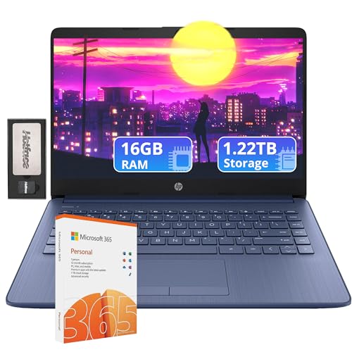 HP Flagship 14" HD Laptop with 1 Year Office 365 | 16GB RAM | 1.22TB Storage(64GB EMMC & 160GB Docking Station Set & 1TB Cloud Storage) | Intel Celeron Processor | Webcam | Win 11s | Blue