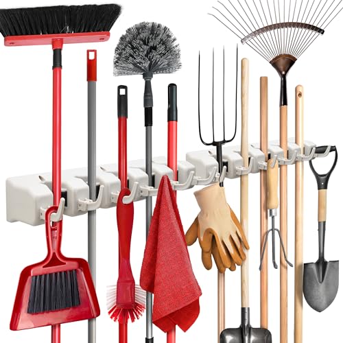 HOME IT Mop And Broom Holder Wall Mount - Garage Storage Systems with 5 Slots, 6 Hooks, 7.5lbs Capacity Per Slot - Garden Tool Organizer For Home, Kitchen, Closet, Garage, Laundry Room - Off-White