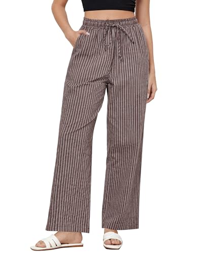 GRAPENT Striped Wide Leg Pants Womens Wide Leg Linen Pants Womens Linen Blend Pants Womens Spring Pants Summer Pants Womens Linen Drawstring Pants Brown White Stripe Size Large US Size 12 to Size 14