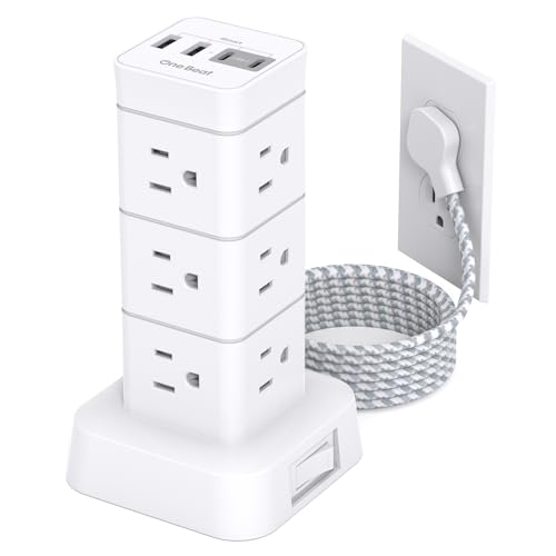 Tower Power Bars with Surge Protector, 12 Widely Outlets 4 USB (2 USB C) Desktop Charging Station, 6Ft Flat Plug Extension Cord with Multiple Outlets, Home Office College Dorm Essentials