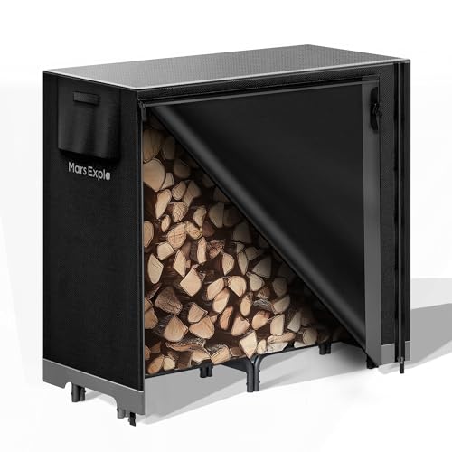 Mars Explo Firewood Log Rack with Cover Outdoor, Heavy Duty Indoor Outdoor Firewood Storage Log Rack with Cover Combo Set Black