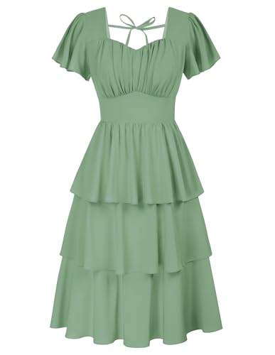 Belle Poque Women's Square Neck Tiered Ruffle Dress 2025 Summer Vintage Short Sleeve Layered A-line Swing Midi Dress