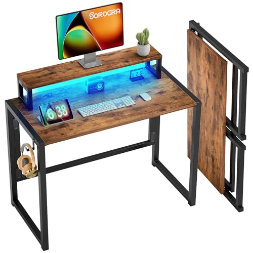 SOROGRA Small Folding Desk, Foldable Computer Desks with LED Lights and Monitor Stand, Work Portable Table for Home Office Bedroom