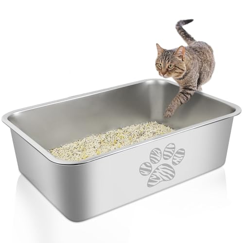 PWTAA Stainless Steel Cat Litter Box High Side Cats Toilet Metal Kitten Litter Pan, Pet Cleaning Tool for Big and Small Cats, Rabbits, Splash-Proof and Non-Stick Cat Poop Box odorless