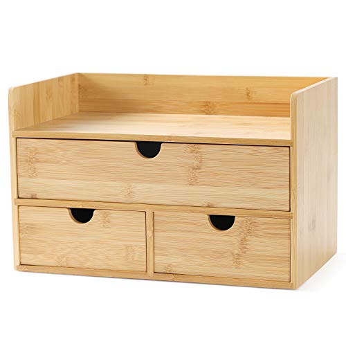 Bamboo Desk Drawer Organizer, Desktop Organizer with Drawers Tabletop Storage Organization Box for Office Home Toiletries Supplies Vanity, No Assembly Required