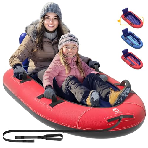 QPAU Snow Sled with Premium Canvas Cover, 2 Person Inflatable Heavy Duty Snow Tube with Reinforced Handles, Snow Sleds for Kids and Adults, Winter Toboggan Outdoor Toys Gifts for Family