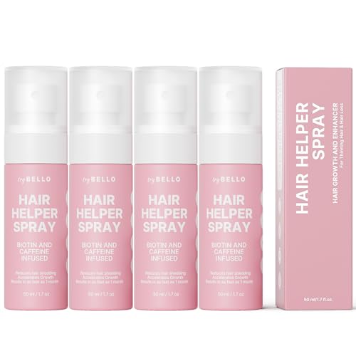 Trybello Hair Helper Spray - Hair Growth Serum with Biotin & Castor Oil - Caffeine Infused Hair Treatment for Thicker, Fuller Hair - Repair Thinning Hair Naturally - Vegan, Cruelty-Free Formula, 4Pack