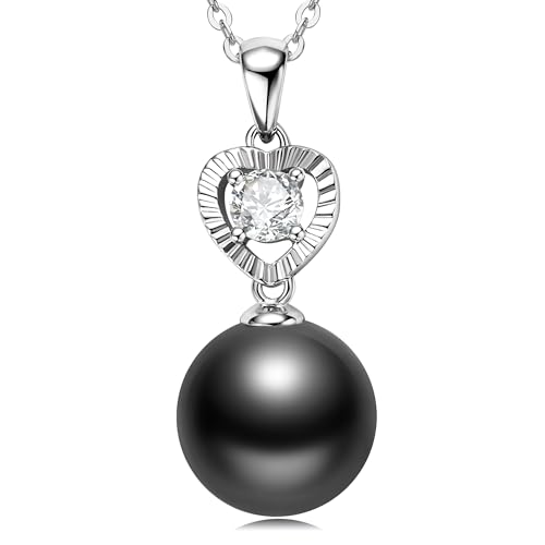 Tahitian Black Pearl Necklaces for Women, 925 Sterling Silver Heart Pearl Pendant Necklace with Moissanite, Birthday Anniversary Jewelry Gifts for Wife Mom