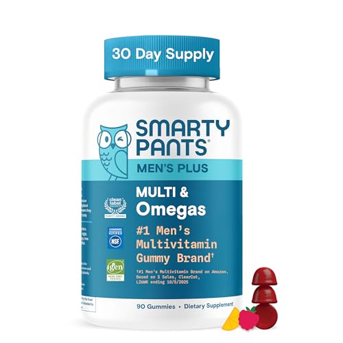 SmartyPants Men’s Multivitamin Gummies with Omega 3 DHA/EPA, Methylfolate, Vitamin D3, C, B12, B6, A, K, Zinc, Raspberry Lemonade Flavor, 90 Count (30 Day Supply)